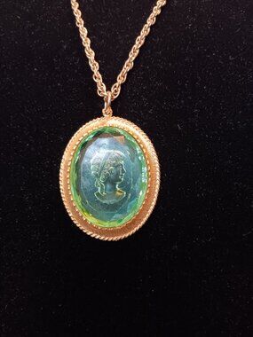 Vintage Large Vintage  Pendant Clear Green Lucite W/ Gold Tone Filigree Trim